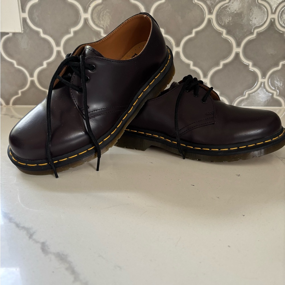 Dr. Martens mahogany Leather Oxfords with Yellow Stitching